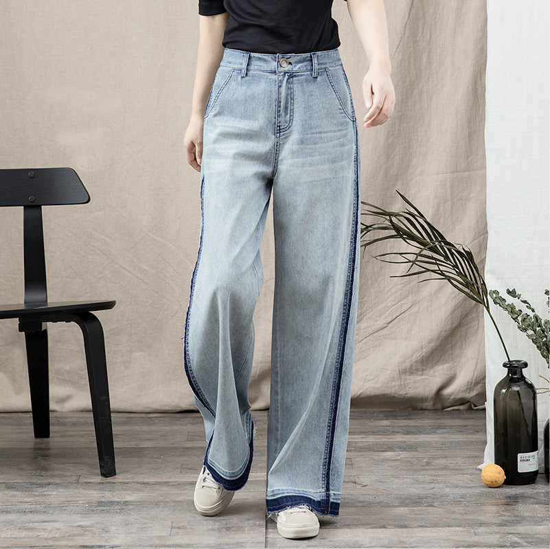 Contrasting color straight-leg jeans for women, Spring 2025 new style, fringed, retro, loose, casual, wide legs, long legs Specification image