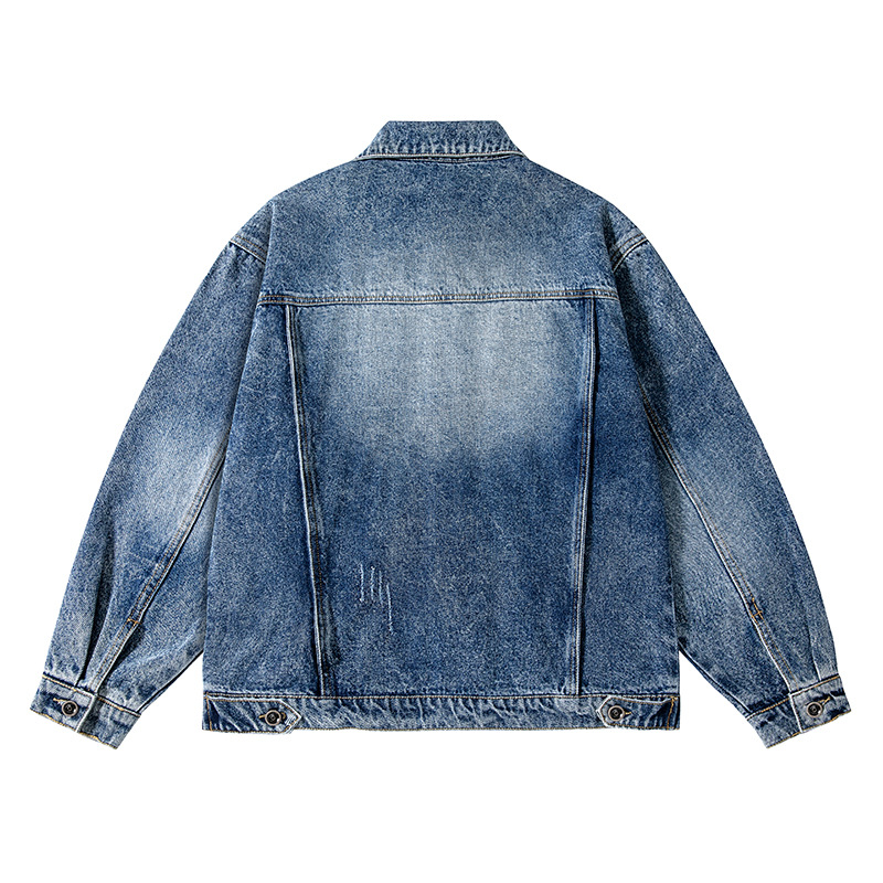 Men's spring and autumn large-sized denim jacket for both men and women, a heavyweight loose retro trend American denim jacket that goes cross-border details Picture