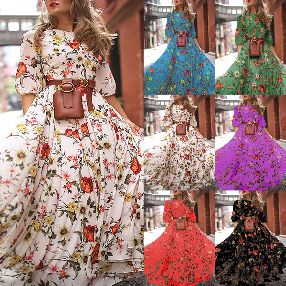 In the spring and autumn of 2025, a new cross-border Amazon dress from Europe and America features a grand print display and a stylish chiffon floral print slimming long dress Specification drawing