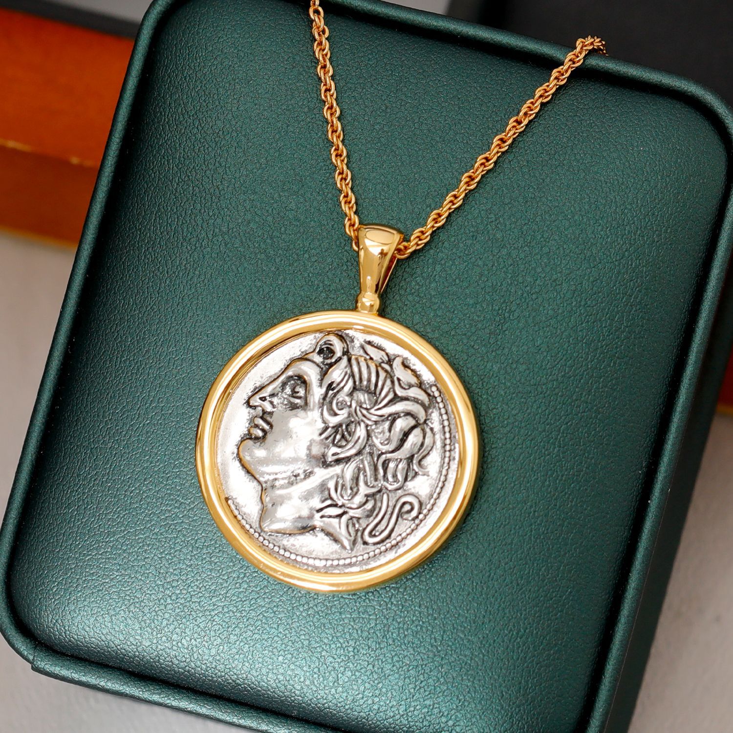 Hyacinth Ancient Roman Athena pendant Sun God Necklace, light luxury and niche ancient coin gold coin sweater chain, unisex Specification image