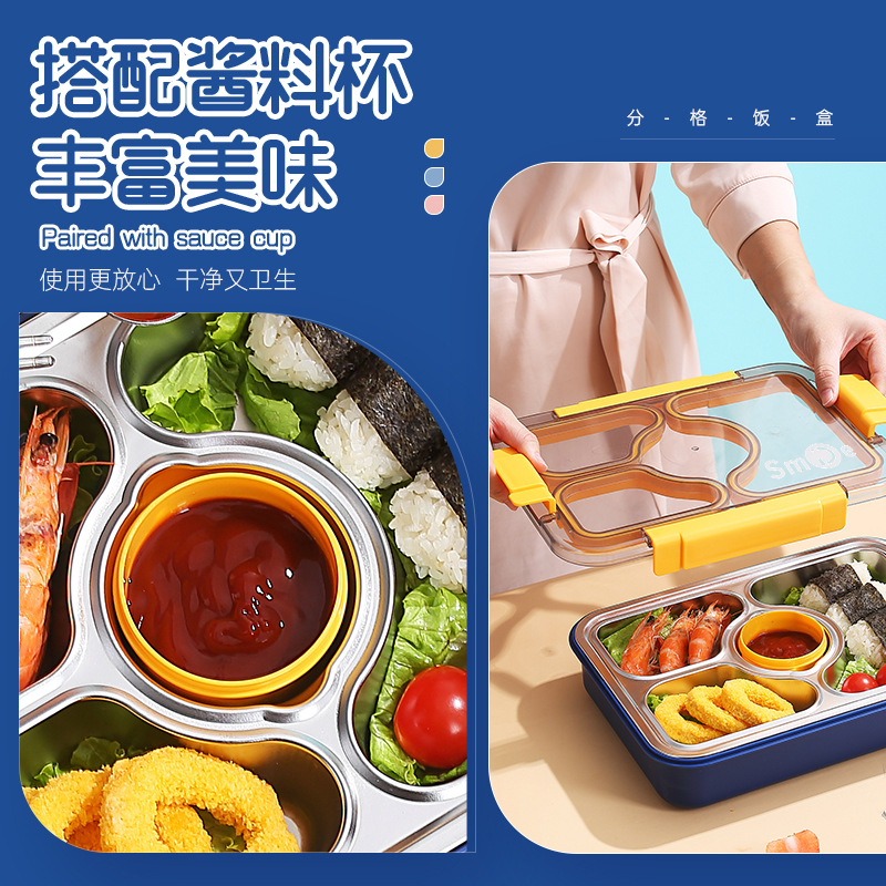 The new Japanese style simple 304 stainless steel independent sealed division bento box three boxes with PP bowl school lunch box details Picture