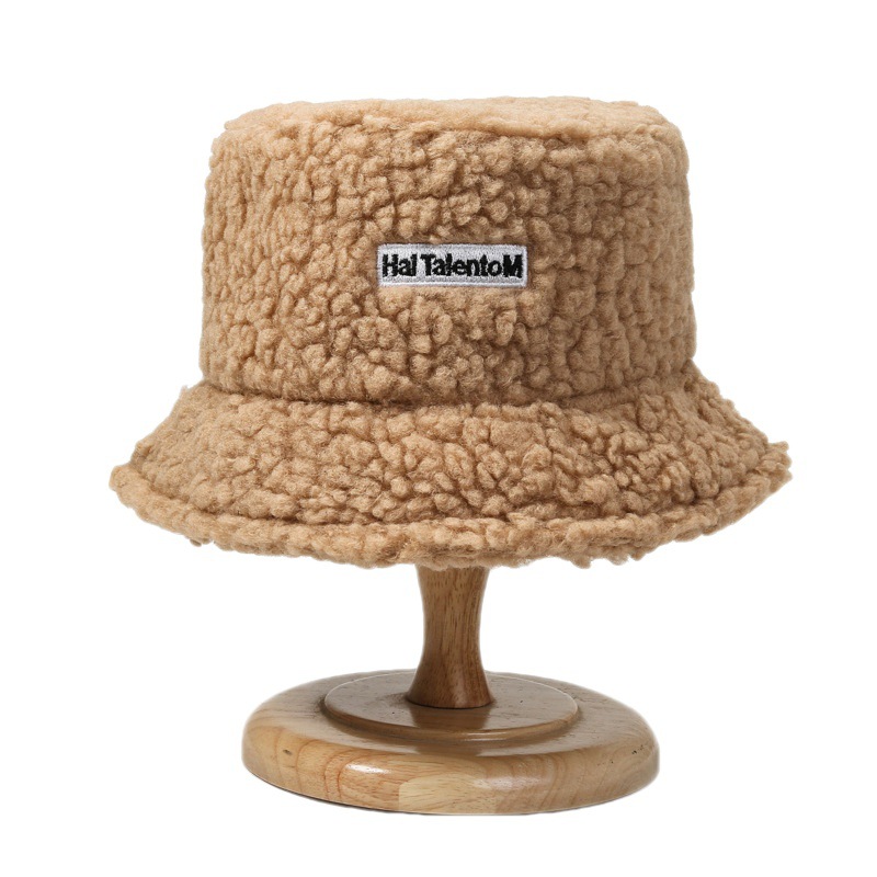 Korean Version Of Autumn And Winter Lamb Wool Warm Embroidery Letter Fisherman's Hat Sheep Cashmere Japanese Casual Couple Simple Basin Hat Item Picture