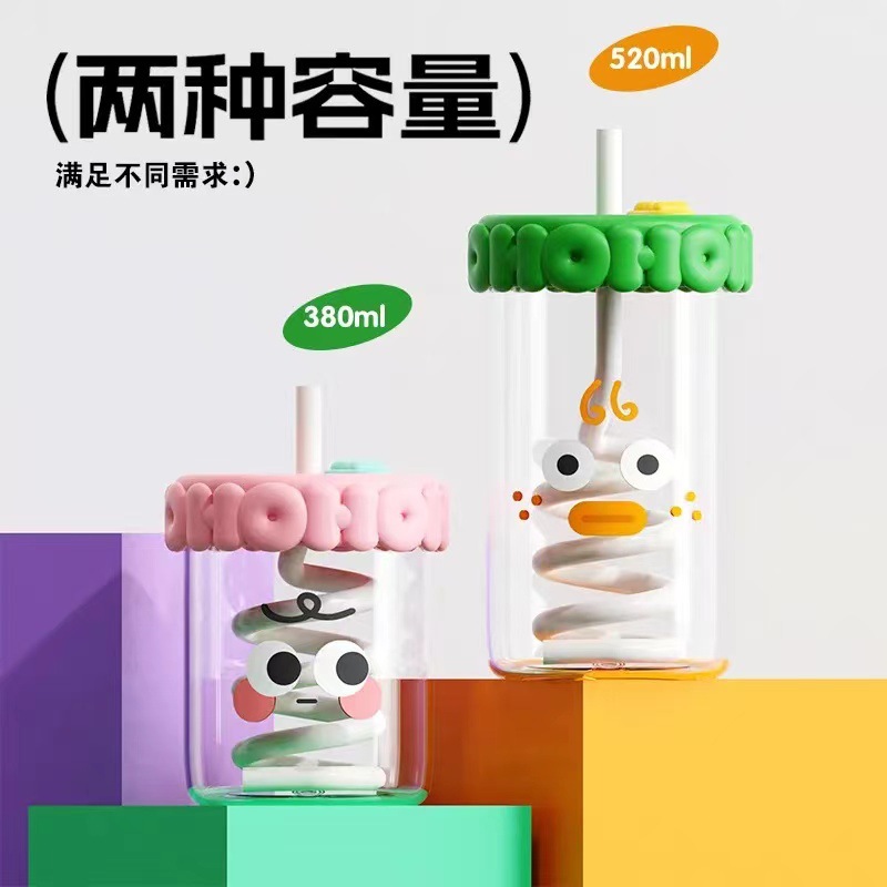 High Borosilicate Glass Water Cup With Cover Cartoon Children's Water Cup Cute Coffee Cup Straw Cup High Temperature Resistant Glass Cup details Picture