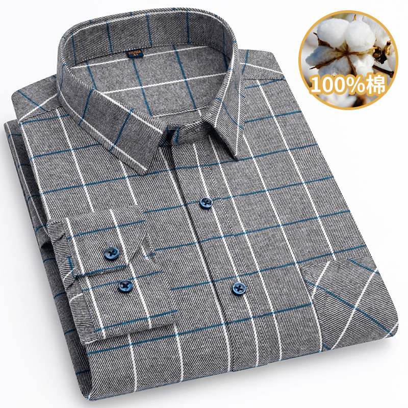 New pure cotton men's brushed long-sleeved shirt jacket for middle-aged casual spring and autumn, all-cotton checked shirt for dad Item Picture