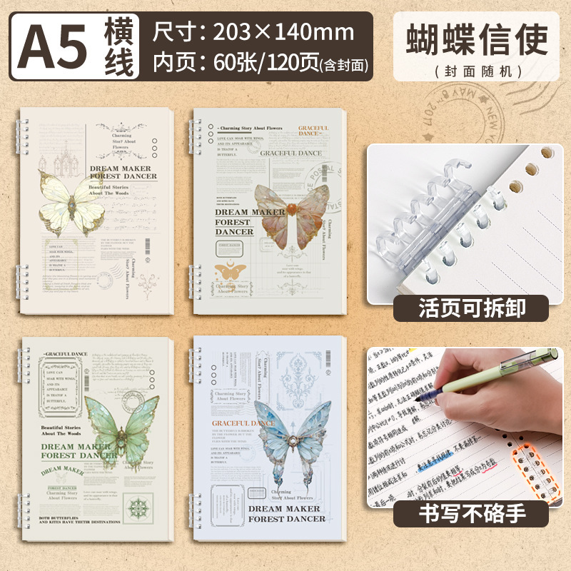 Retro butterfly British binder A5/B5 with inner core buckle design, single thickened OPP bag packaging pic 2