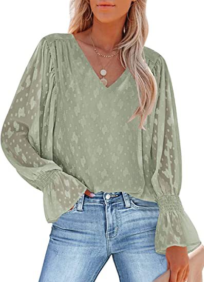 2022 Europe And The United States Amazon Women's Long Sleeve Shirt Lace Shirt Chiffon Shirt Pleated Trumpet Sleeve Top Item Picture