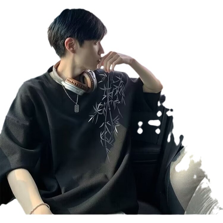 "National Trend 2024: New Chinese-style bamboo printed short-sleeved T-shirt for men's summer, a thin and trendy brand, large-sized half-sleeve for casual wear. Item Picture