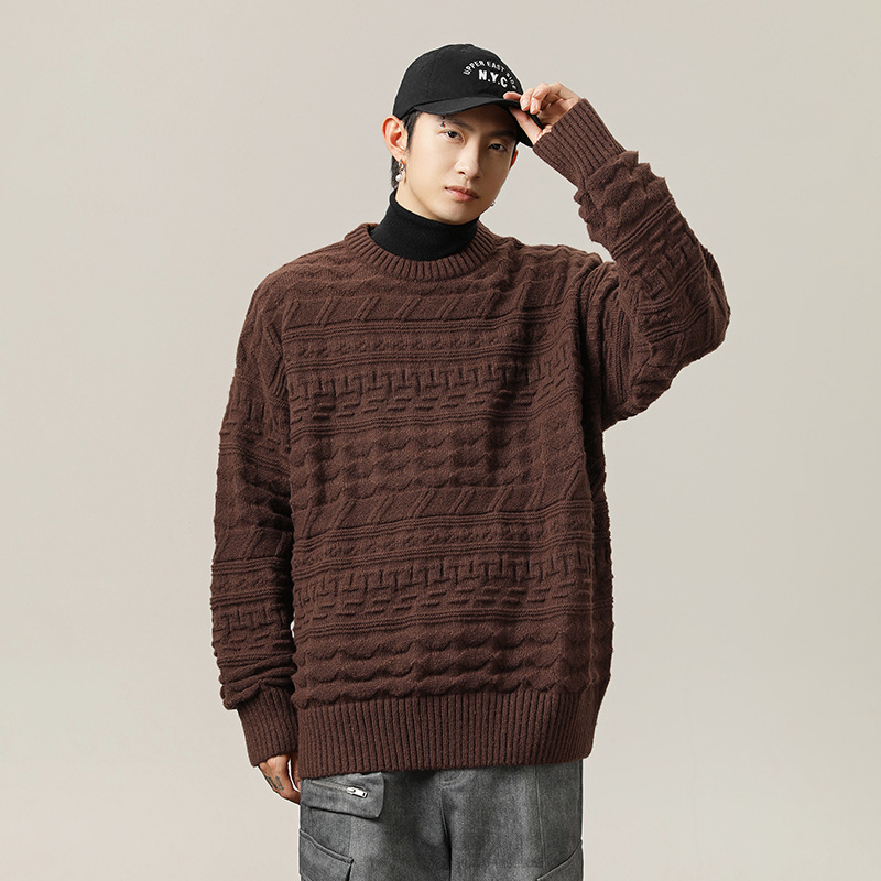 Japanese retro tweed texture round-neck sweater men's autumn and winter new solid color loose texture knitted sweater sweater coat details Picture