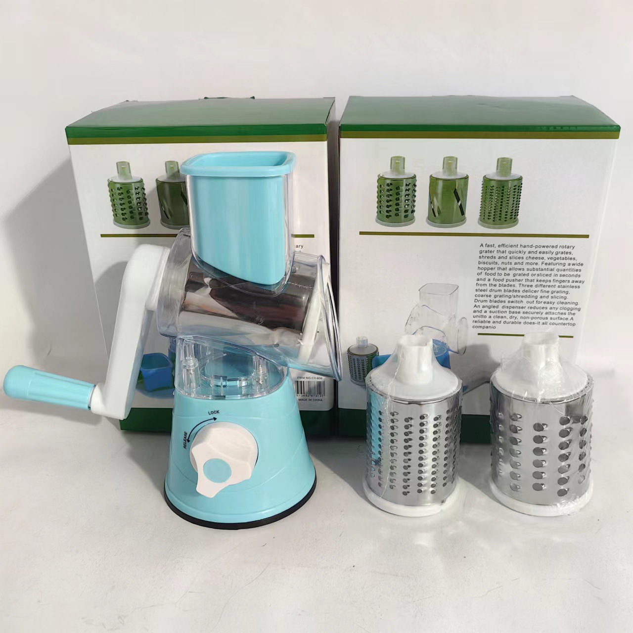 Multi-functional hand-cranked quick three-in-one kitchen hand-cranked drum vegetable cutter, grater, onion shred and slicing magic tool Specification image
