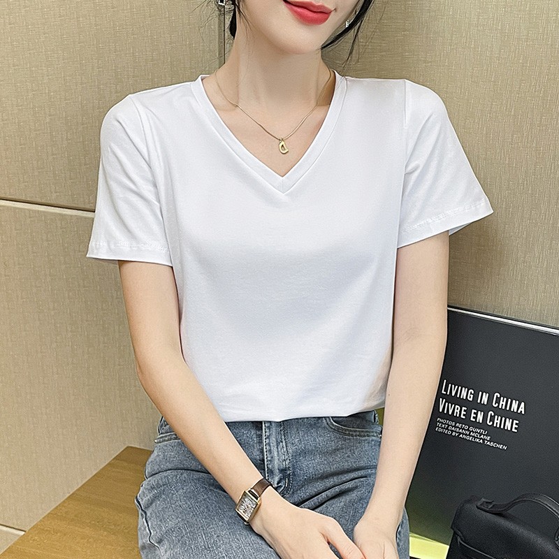 Loose white pure cotton V-neck T-shirt for women, short sleeve 2023 new style, fashionable, elegant and stylish mini shirt, shoulder shoulder T-shirt Loose white pure cotton V-neck T-shirt for women, short sleeve 2023 new style, fashionable, elegant and stylish mini shirt, shoulder shoulder T-shirt