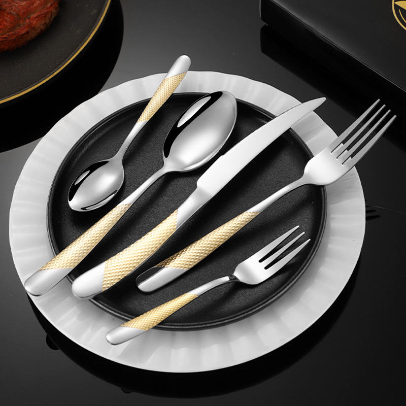 Amazon Cross-border Stainless Steel Tableware Knife, Fork and Spoon 4-piece Set, Star Diamond Simple Western Cuisine Steak Knife and Fork Gift Box Set details Picture