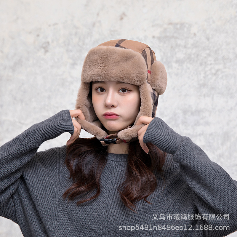 2021 Autumn And Winter New Lei Feng Hat Female Thickened With Velvet Ear Protection Plaid Winter Hat Cycling Windproof Warm Necessary Spot Specification drawing