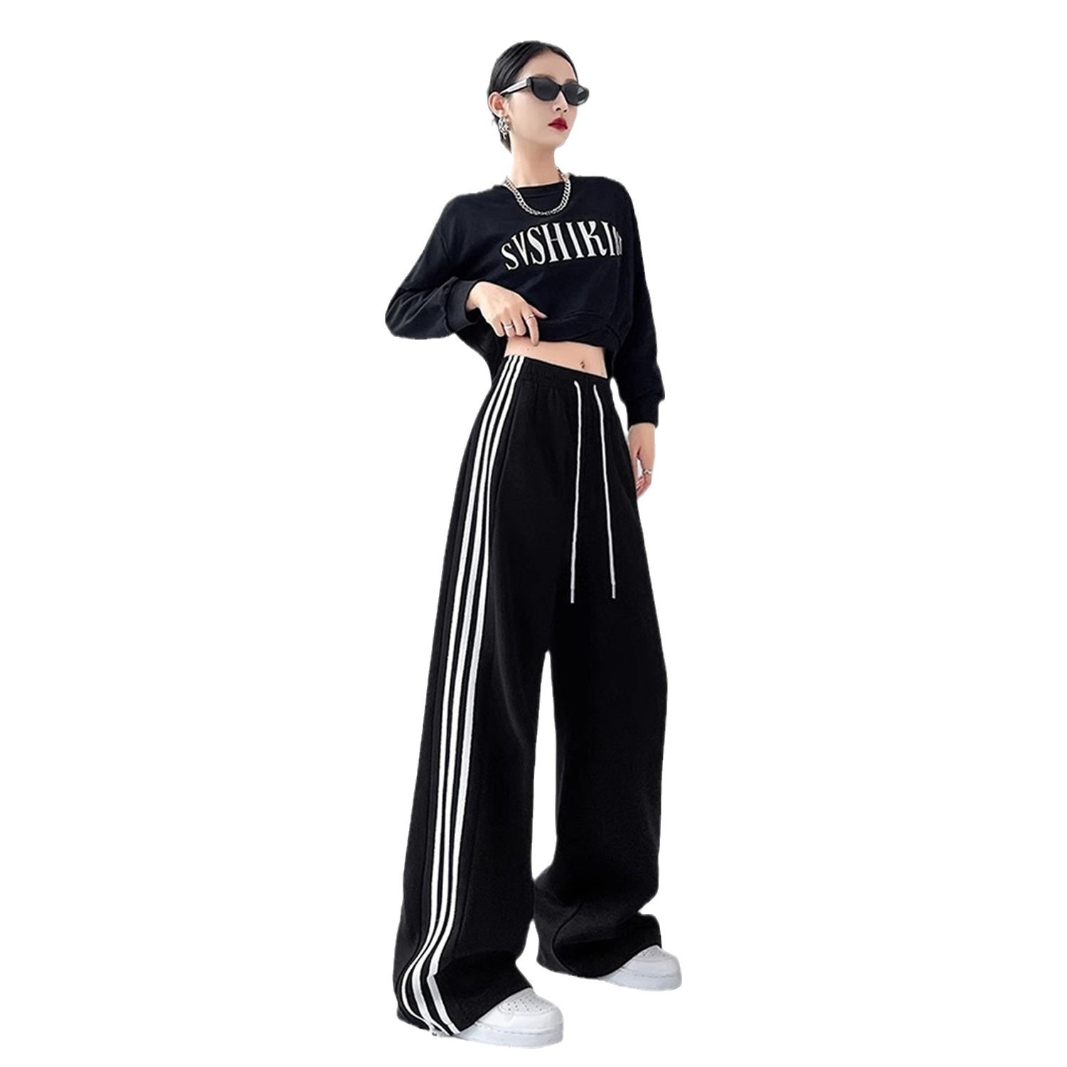 IVERY cross-border high-waisted striped two-wear sport pants for women can be used to widen legs or tighten the feet. Versatile straight-leg casual pants with a good drape Item Picture