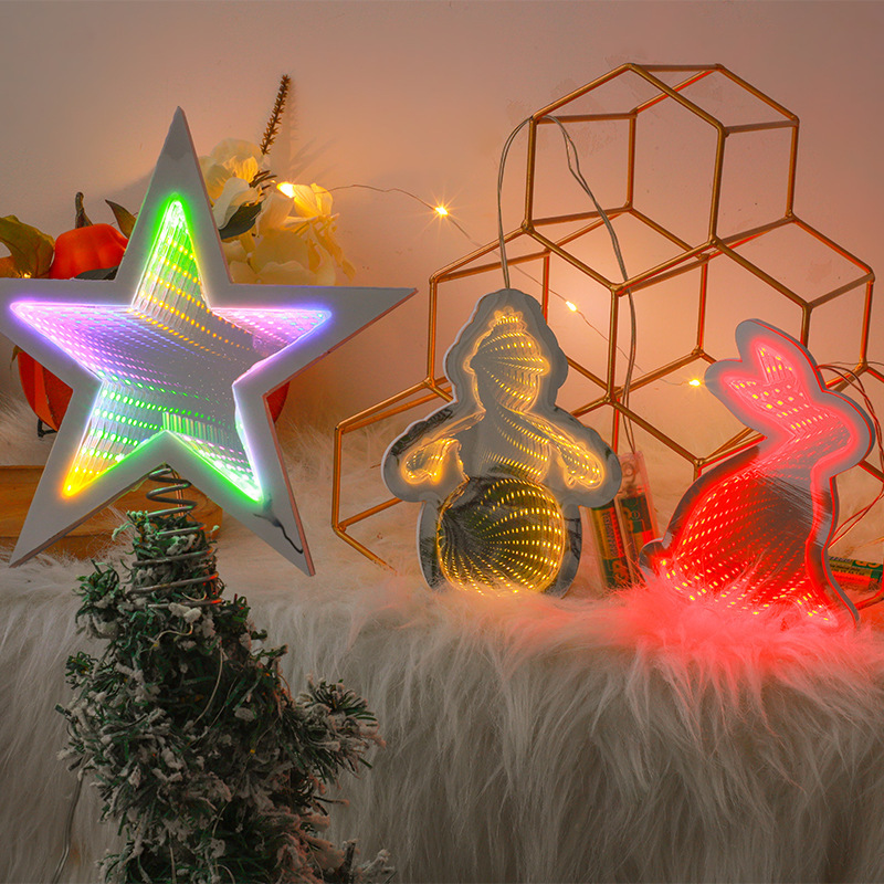 New led Christmas tree 3d mirror tunnel light, five-pointed star Christmas decoration light, acrylic luminous night light details Picture