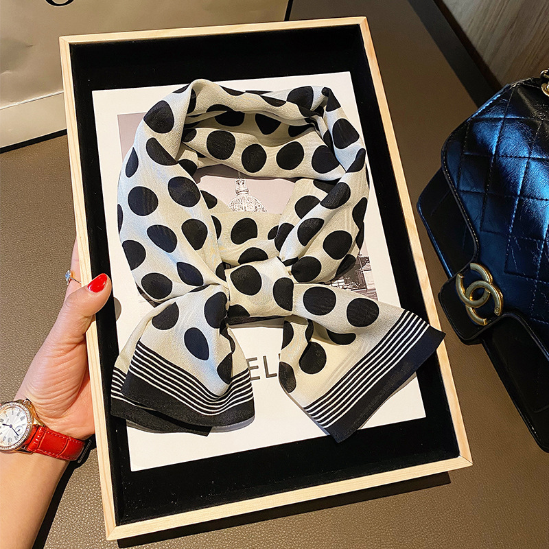 New Korean Thin Black And White Polka Dot Silk Scarf Female Silk Silk Long Scarf Decorative Silk Scarf Silk Crepe De Chine Fringed