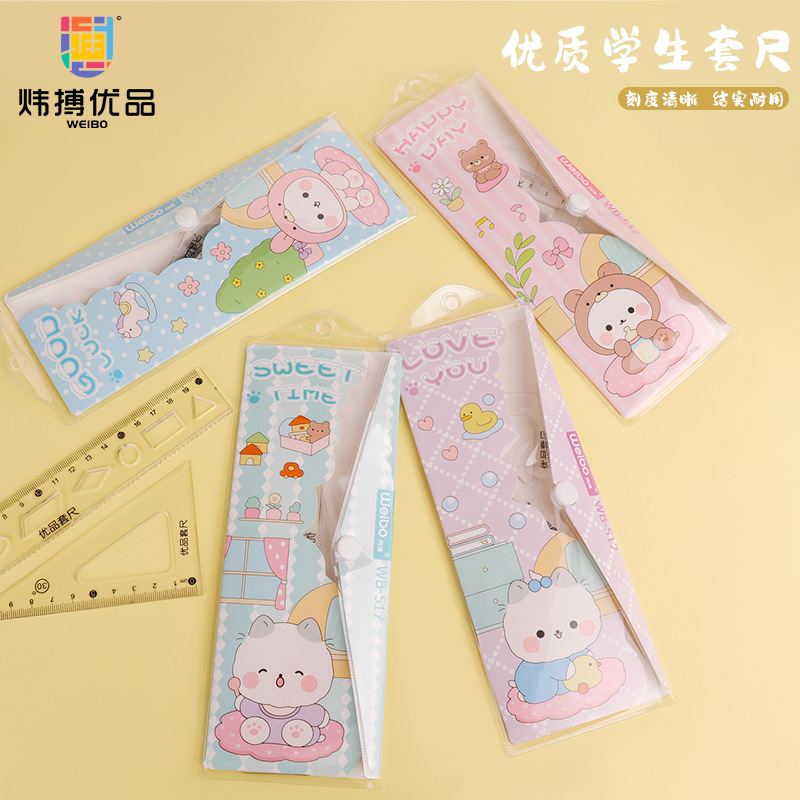 Cartoon ruler set, four-piece set for students, 20cm soft and straight ruler set, cute learning supplies for primary school students, stationery wholesale