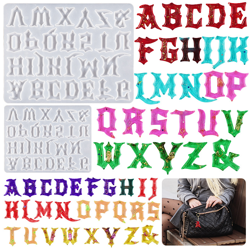 diy Goth Alien English 26 letter full page drop glue ground Aromatherapy pendant key ring silicone mold