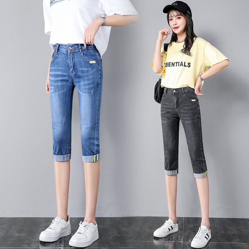 Wholesale of new high-waisted, slimming, stretch tight jeans for women in summer, straight-leg, form-fitting, large-sized midpants Specification image