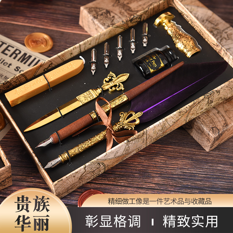 欧式经典羽毛蘸水钢笔套装彩羽书法双笔套装多款书法笔尖创意礼盒