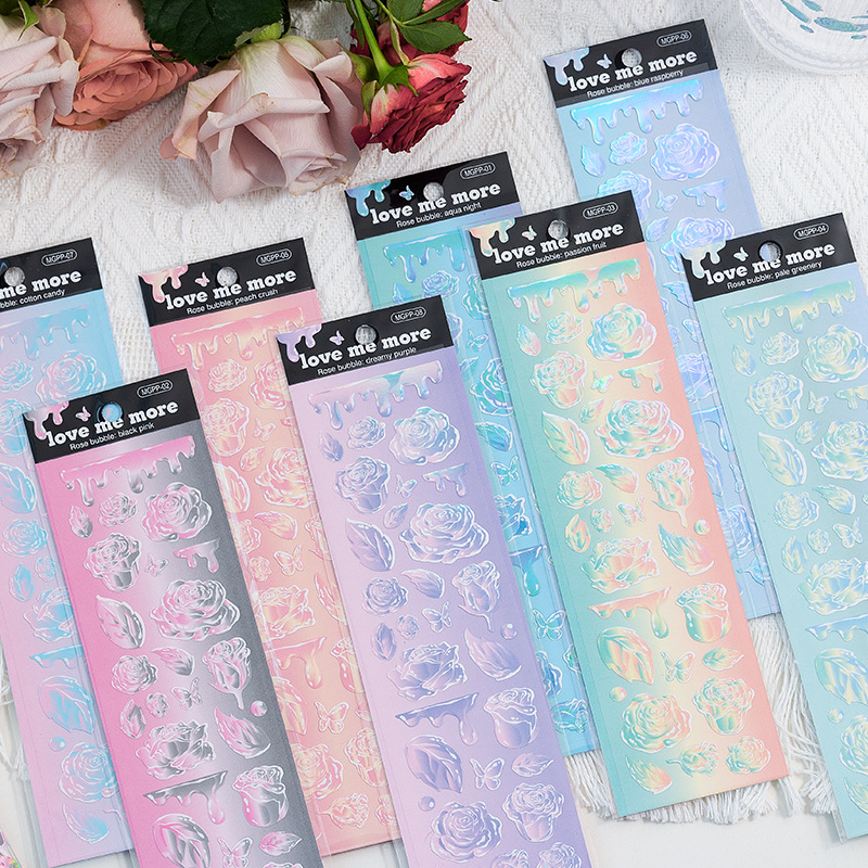 Yuezhen Rose Bubble Series Notebook stickers, laser pvc waterproof Gumball plate small stickers, Gumball card material paper wholesale Application Scenario