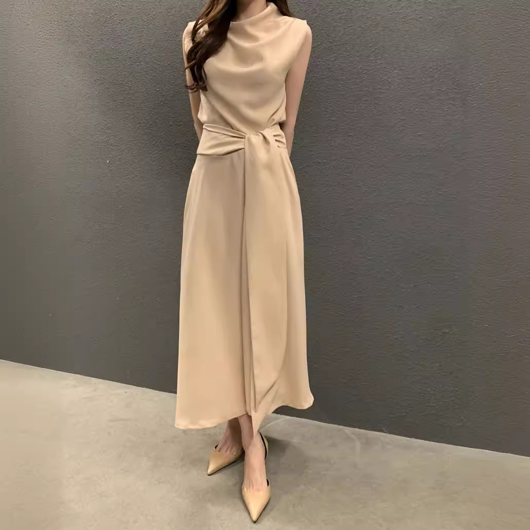 Estilo coreano chic verano francés elegante heap heap cuello cordón cerrado cintura slim vestido sin mangas vestido midi mujer Item Picture