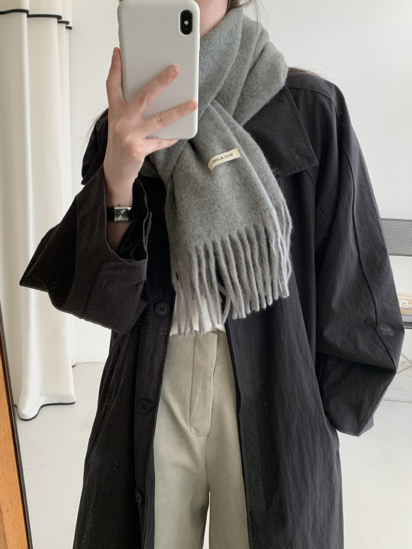 新款羊毛混纺围巾女秋冬保暖纯色百搭韩版时尚高级感流苏梭织围脖详情8