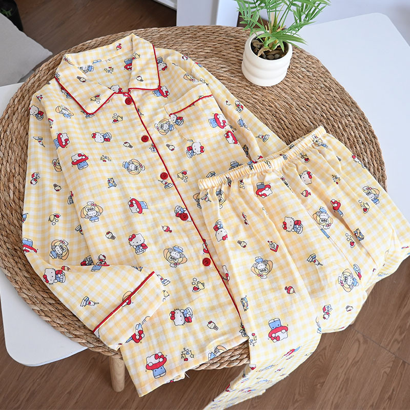 100%A类纯棉双层棉纱条纹小狗四季长袖翻领开衫女家居睡衣套详情20