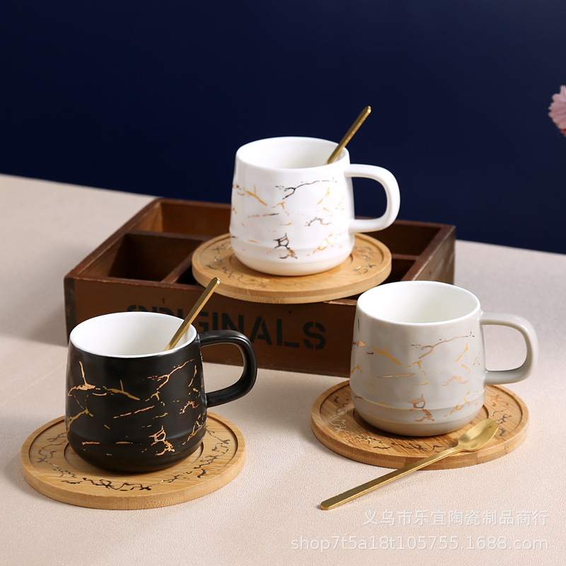 Creative European Ceramic Cup Marble Color Glaze Drinking Cup Mug Mug Bamboo Tray Coffee Cup Gift Accompaniment details Picture