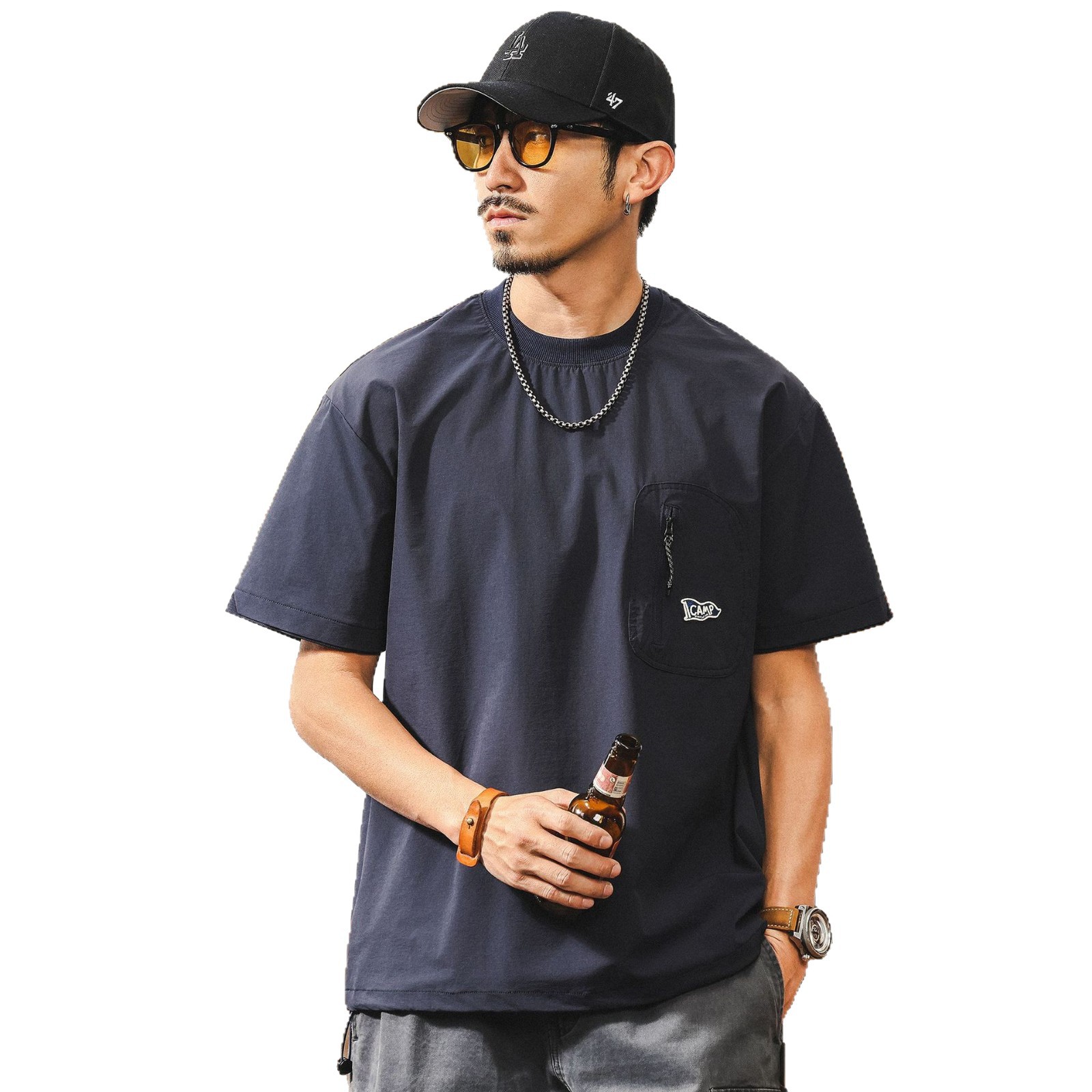 American functional pocket round-neck T-shirt for men, new summer outdoor sports, half-sleeved, moisture-wicking and sweat-wicking short-sleeved Item Picture