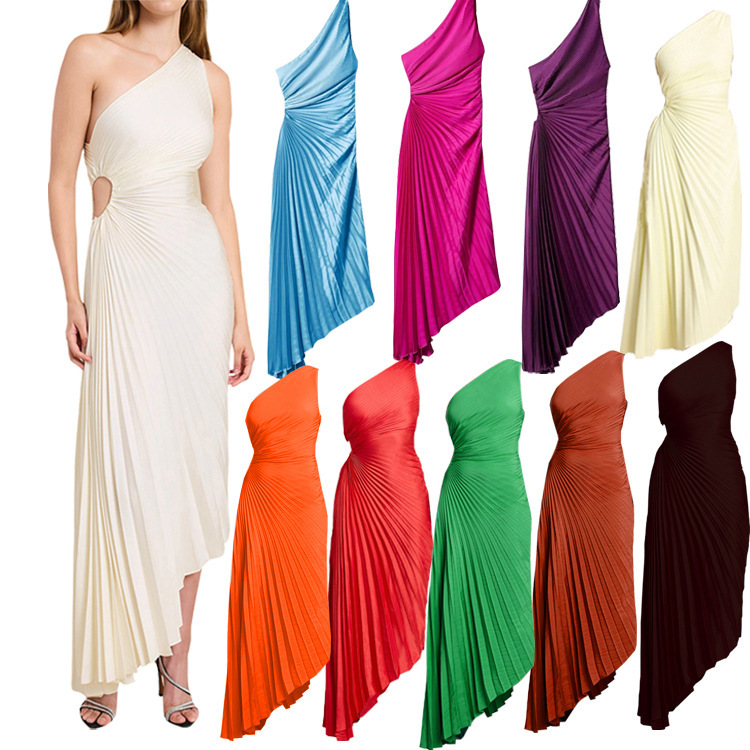 A new fashion solid-color, casual and sexy single-shoulder, slant-neck, pleated and cut-out dress for women in 2024 from Europe and America