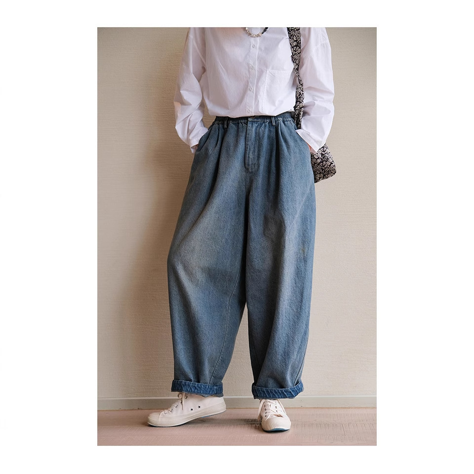 Original 2025 Spring style linen cotton twill denim leavened wash slimming retro artistic loose radish pants jeans