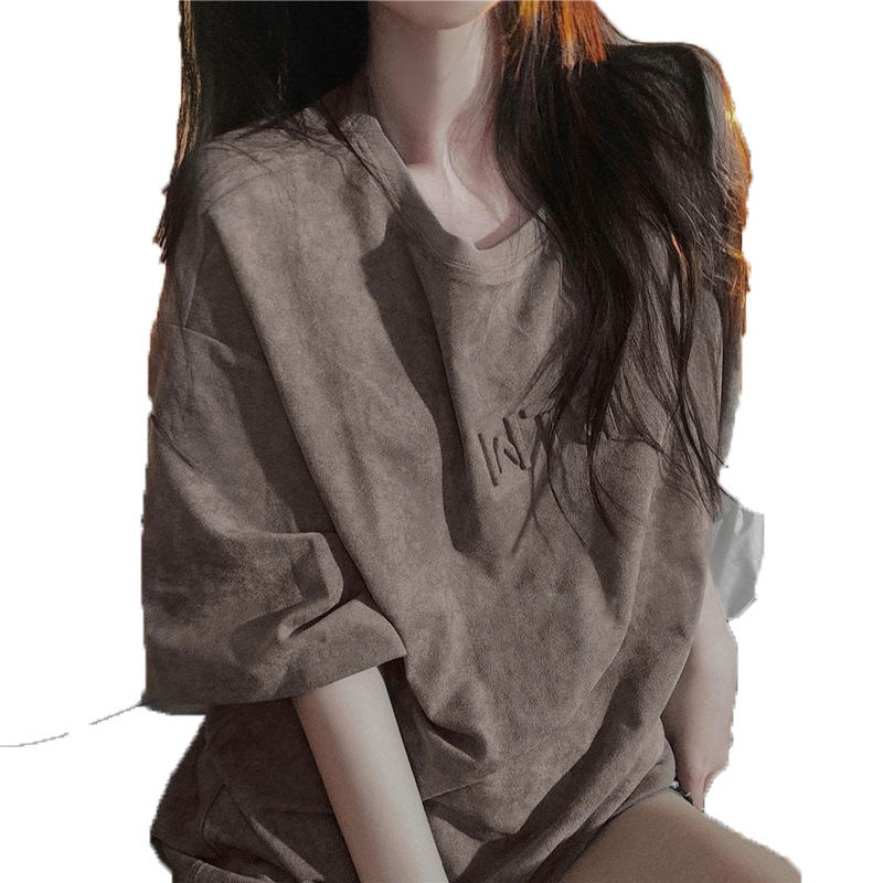 Summer coffee-colored women's American retro T-shirt, cotton ins women's three-dimensional embossed loose large-sleeved top Item Picture