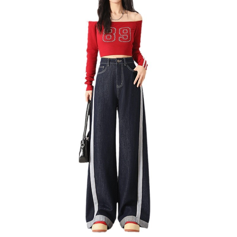 Denim wide-leg jeans for women, Spring 2025 new style, color-blocking and patchwork high-waisted loose straight-leg floor-length pants Item Picture
