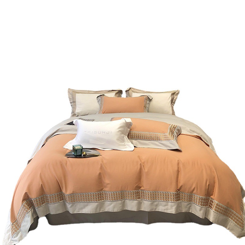 British style 100-piece all-cotton volcanic small brushed four-piece set embroidered double-piece duvet cover pure cotton bedding, high-end Item Picture