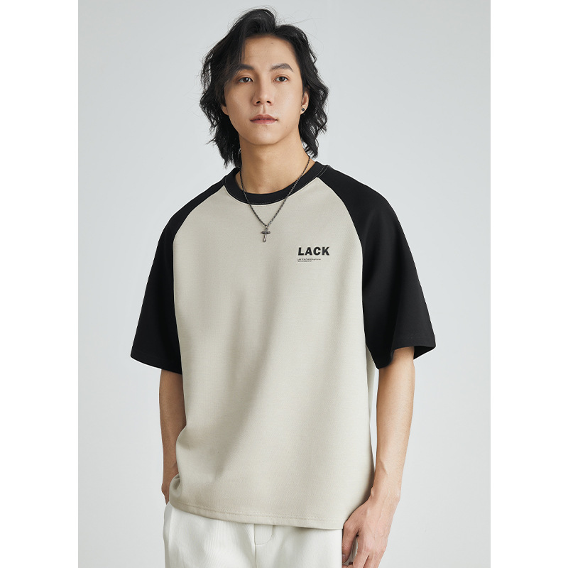Men's wear Japanese-style color-blocking round-neck T-shirt, short-sleeved summer retro casual printed loose shoulder sleeve T-shirt details Picture