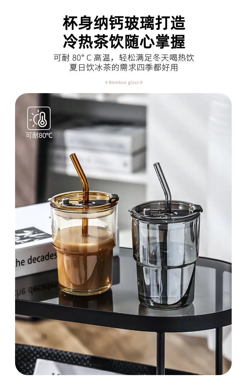 INS bamboo joint glass cup, double-drinking straw cup, high-temperature resistant office gift cup, beverage coffee cup pic 4