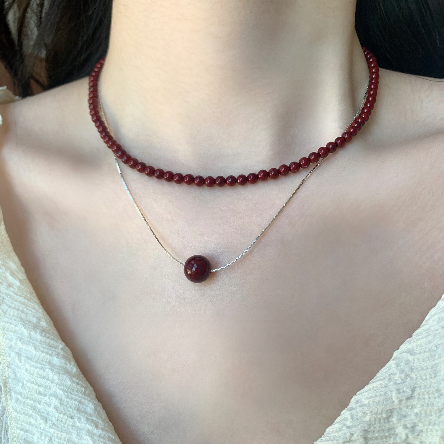 New Chinese-style Ankela red beaded necklace, natural agate beaded light luxury high-end autumn and winter versatile earrings and earrings pic 4