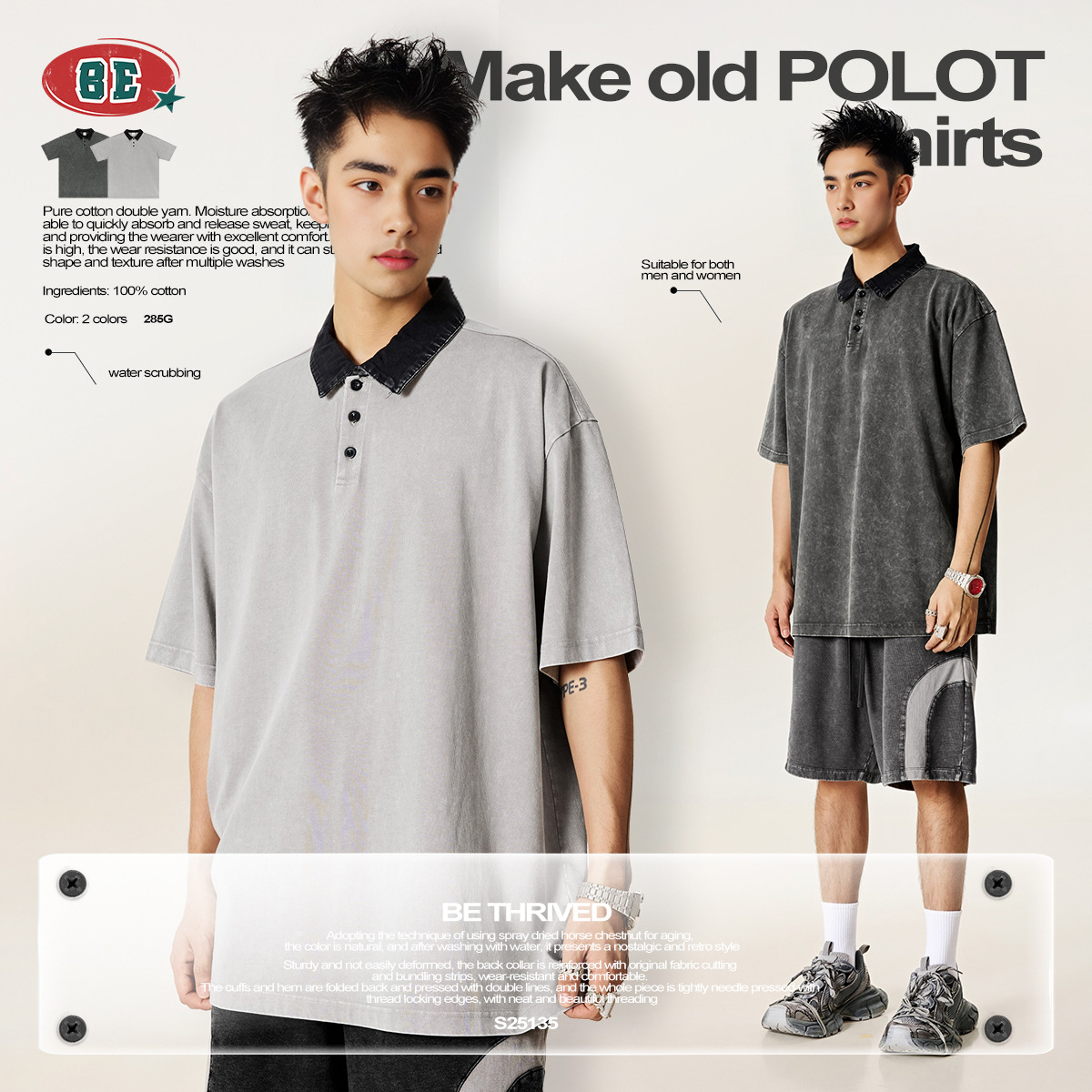 BE Men's Wear 2025 Summer American retro high-end POLO shirt Men's T-shirt Loose color contrasting lapel short-sleeved men details Picture