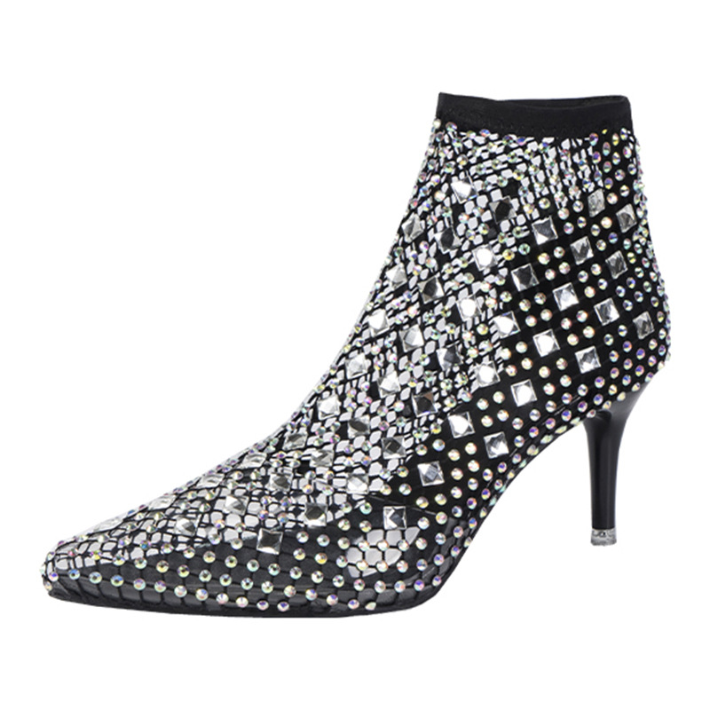 2022 Europe And The United States Sexy Clip Stiletto Sandals Net Socks Hollow Rhinrhinos Transparent Fashion Women High Heel Sandals In Stock Item Picture