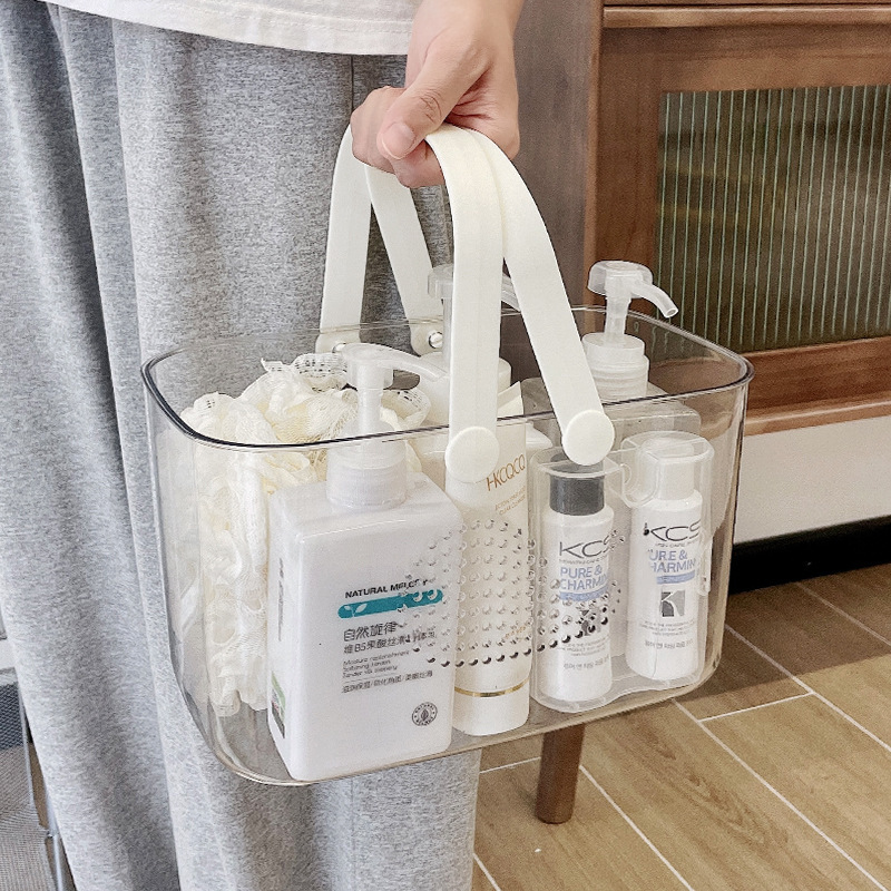 Acrylic bath basket, plastic hand-held small basket, storage basket, blue bath basket, dormitory bathroom, washbasin frame, hand-held basket, bath basket Application Scenario