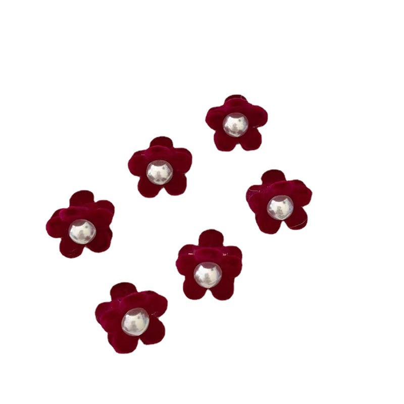 New New Year's Red Cute Children's Pearl Flower Small Grab Korean Flocking Hair Clip Side Fringe Clip Hair Accessories Item Picture
