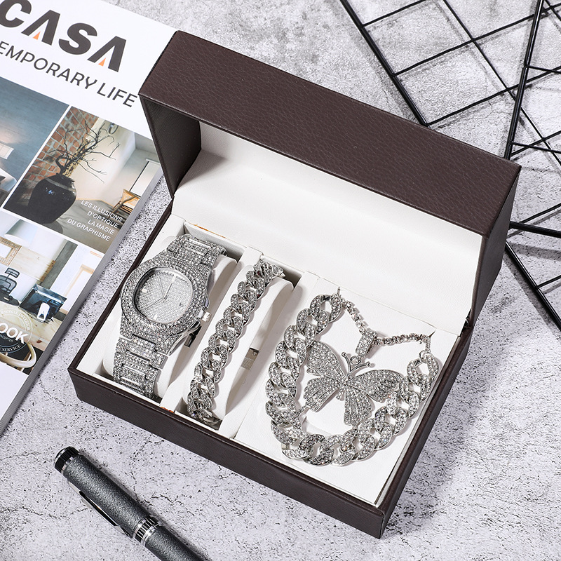 3 piezas reloj mujer accesorios set caja regalo europa américa exageración cuba cadena mariposa collar adornos full diamond relojes details Picture