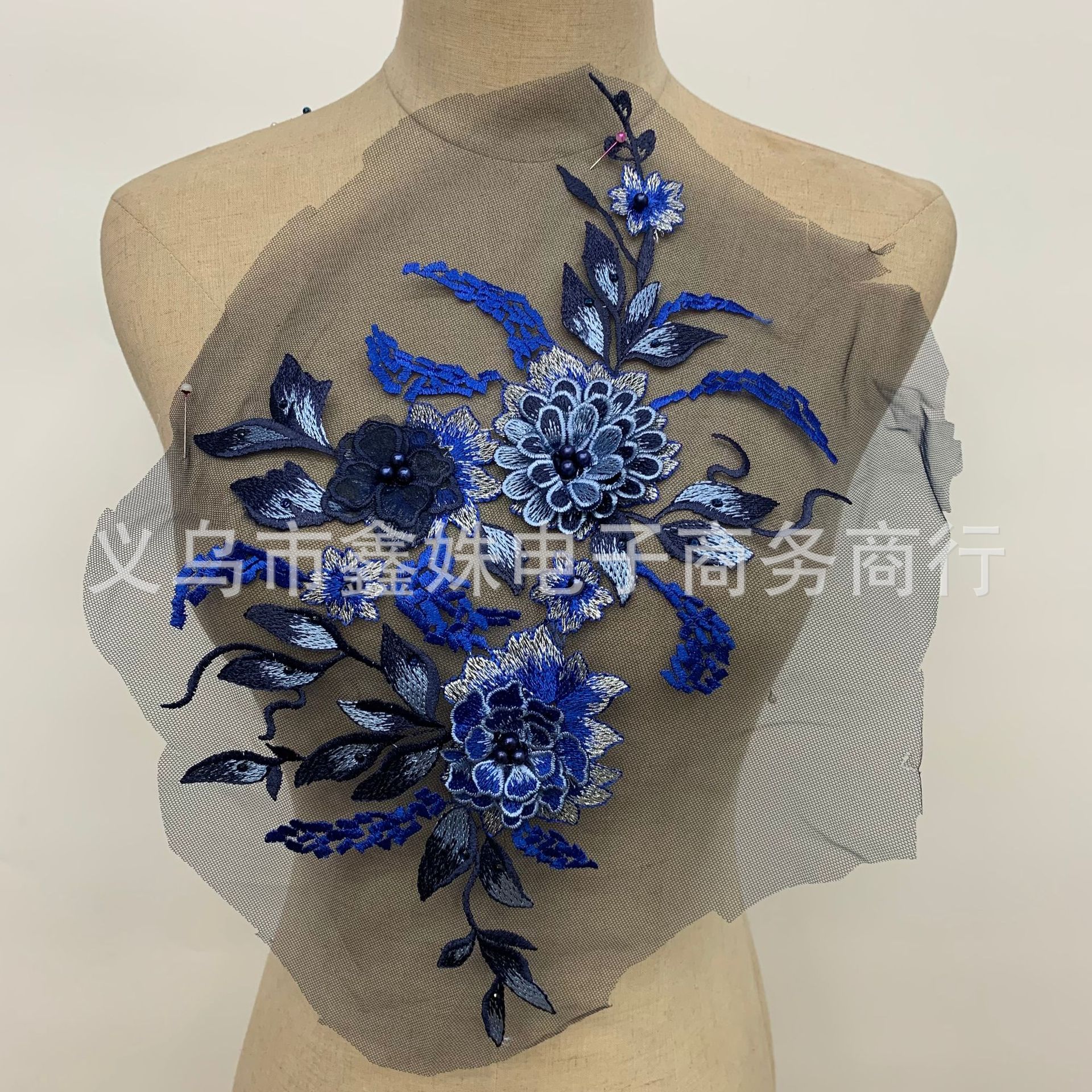 Three-dimensional flower mesh fabric, embroidered fabric, pasted beaded, embossed diamond, lace, wedding dress, dance dress patch