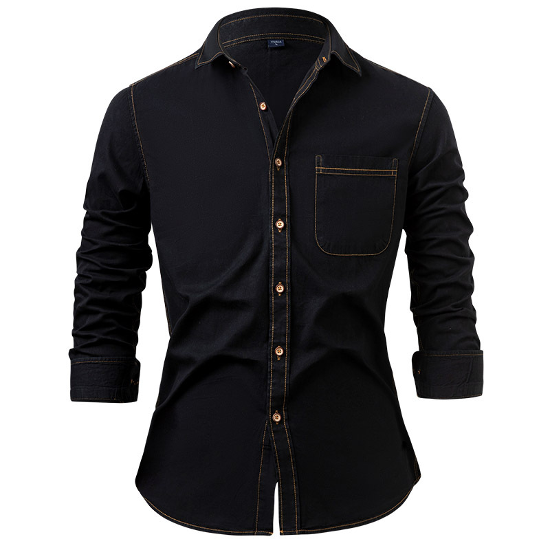 Cross-border American denim shirt for men, pure cotton no-iron solid color long-sleeved men's casual jacket, trendy men's clothing for foreign trade details Picture