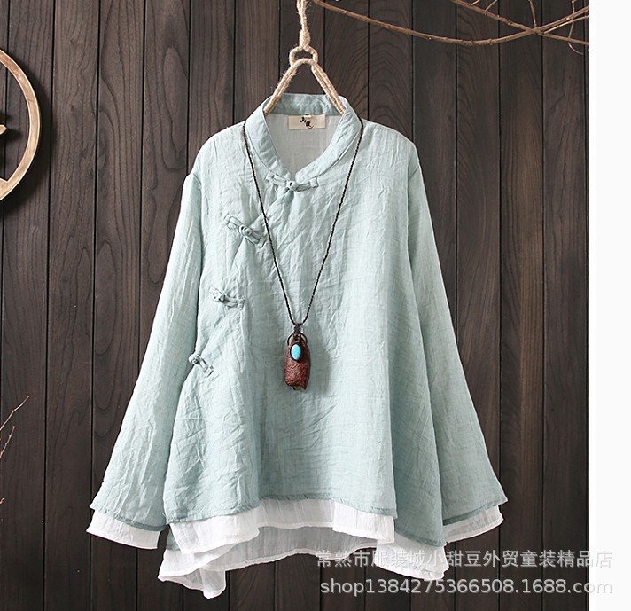 Retro cotton and linen long-sleeved Chinese-style slanted lapel, button-up, irregular hem, loose stand-up collar, tea-style women's shirt Application Scenario