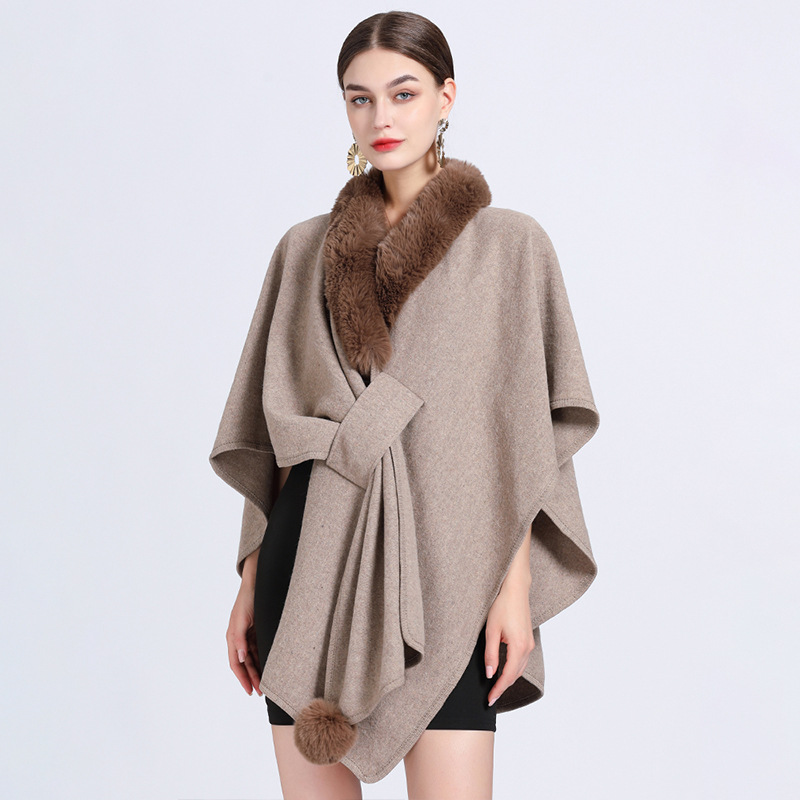 829# Factory Direct Sales New Imitation Rex Rabbit Fur Collar Cape Cape Women Loose Knitted Cardigan Large Size Wool Coat details Picture