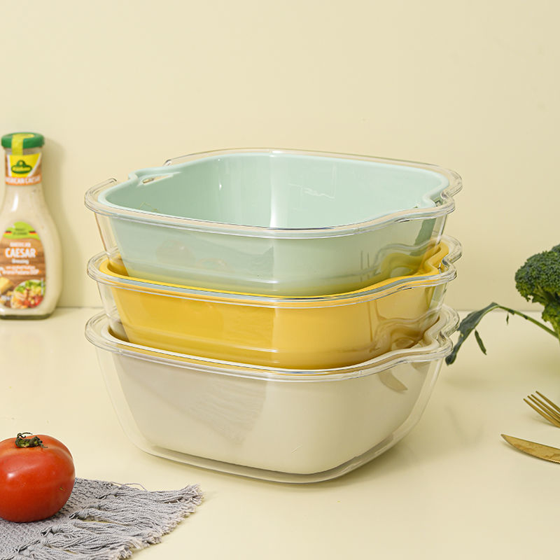 Double-layer transparent draining basket, vegetable washing basket, household kitchen vegetable and fruit plate, PET fruit washing details Picture