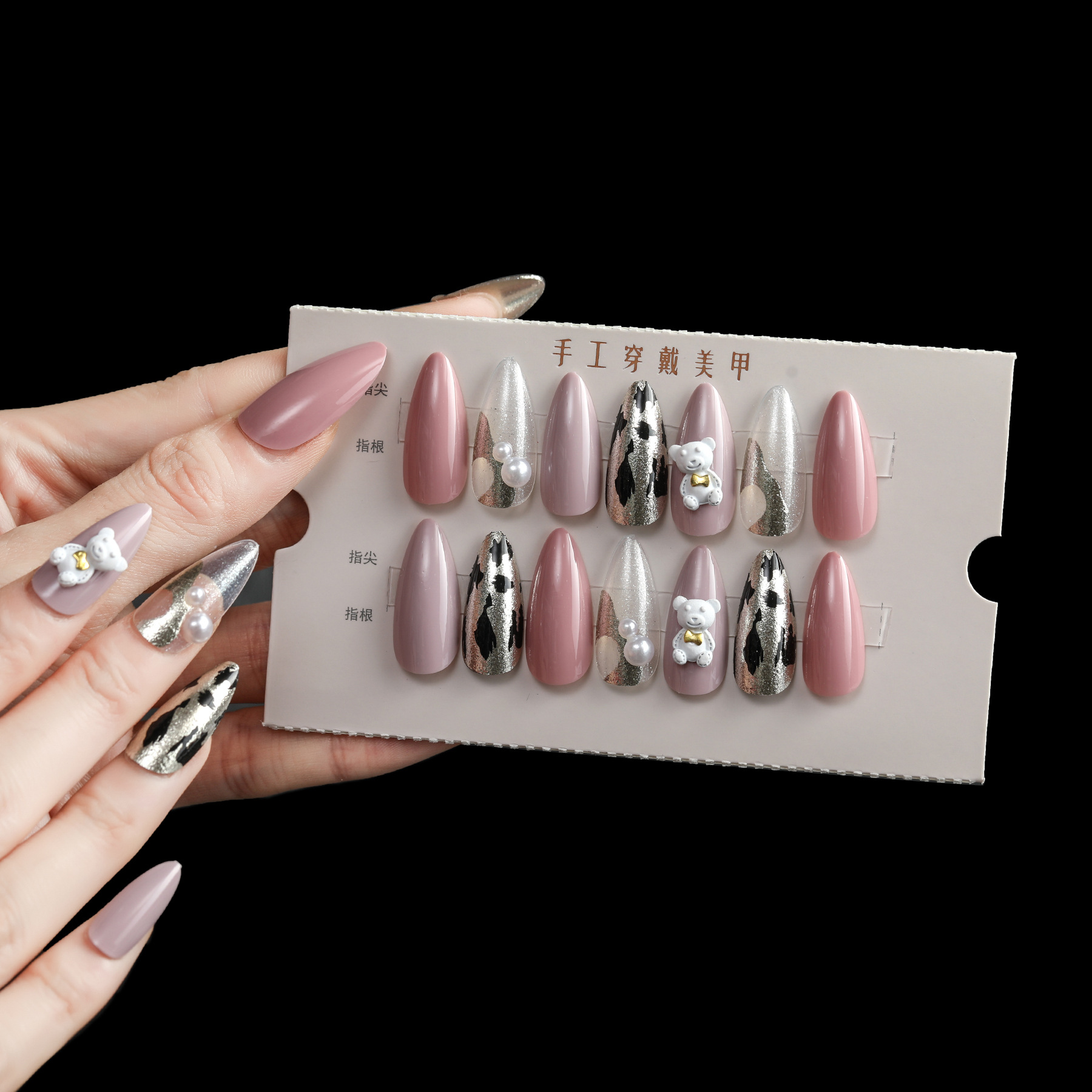 30 pieces of handmade nails, almond nails, wearable nails, nail art patches, finished nail pieces, transparent plastic box, assembly tool bag with diamonds, cross-border trade details Picture