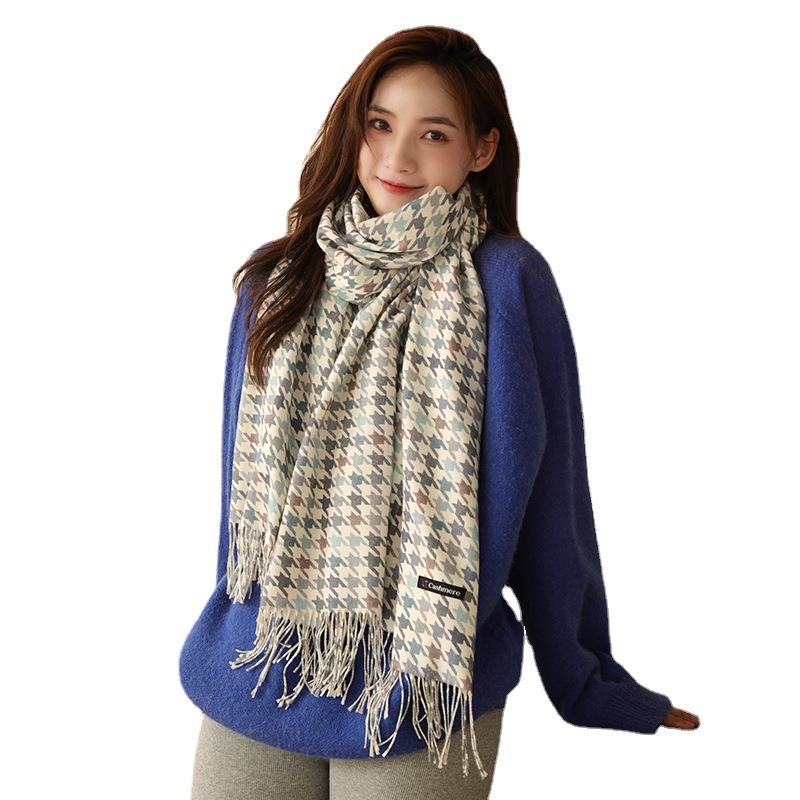 Cashmere Scarf Female Winter Warm Tassel Shawl Male Autumn And Winter Wool Scarf Imitation Cashmere Thousand Bird Check Scarf Wholesale Item Picture