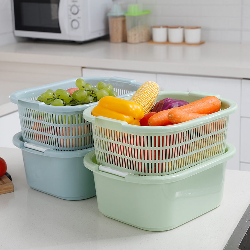 Double-layer large draining basket, plastic fruit and vegetable storage basket, kitchen vegetable washing basin